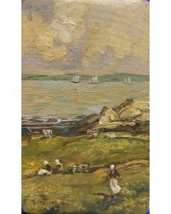 A. Tallone, Contadinelle, Olio su tavola, 20x12 cm