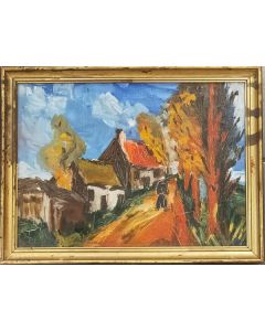 Joubert Lapierre, Borgo in autunno, olio su tavola, 27,5x36,5 cm (con cornice)