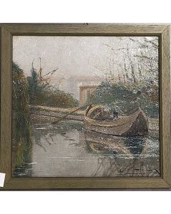 Carlo Achille Cavalieri, Naviglio, olio su tavola, 29x30 cm (con cornice)