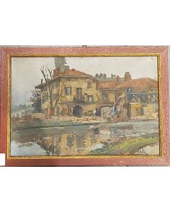 Carlo Achille Cavalieri, Sul Naviglio, tempera su tavola, 23,5x33 cm (con cornice)