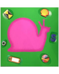 Renzo Nucara, screen-printing with polymaterialism (fuchsia snail on green background), 30x30 cm, from the folder "Still Life", 2015