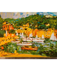 Michele Cascella, Portofino ships, screen printing on sheet, 30x40 cm