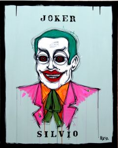 Yux, Joker Silvio, acrilico pastelli a cera, smalto e manifesti su tela, 80x100 cm