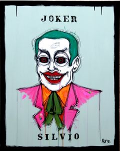 Yux, Joker Silvio, acrylic crayon, enamel and poster on canvas, 80x100 cm