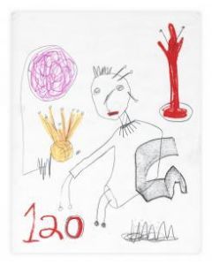 Paul Kostabi, One Hundred Twenty, Tecnica mista su carta, 35,5x28 cm, 2002