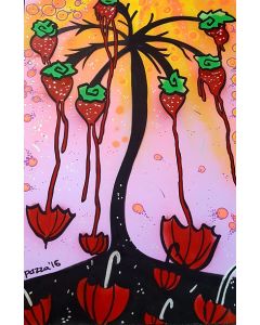 La Pupazza, Strawberries and umbrella tree, acrylic and spray on paper, 50x70 cm 