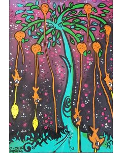 La Pupazza, Tree of tangerine fish, acrylic and spray on paper, 50x70 cm 