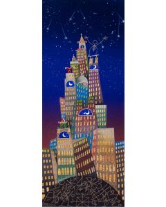 Meloniski da Villacidro, The night of Saint Lorence in the dreamt metropolis, mixed media on canvas, 85x35 cm