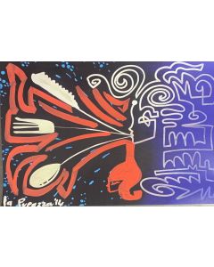 La Pupazza, Woman blowing the kitchen, graphics on PVC, 21x47 cm