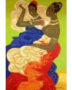 Salvatore Fiume, Le sorelle somale, serigrafia polimaterica d’aprés a 32 colori su broccato, 35x50 cm