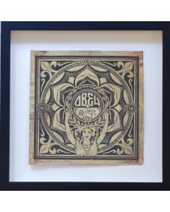 Obey (Shepard Fairey), Lotus Woman AC HPM, serigrafia e carta  collage su cover LP, 30,5x30,5 cm, 2013