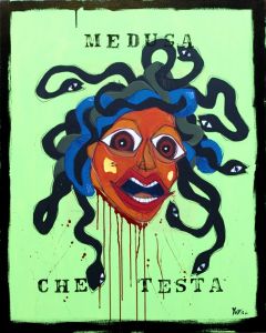 Yux, Medusa che testa, acrilico pastelli a cera, smalto e manifesti su tela, 80x100 cm