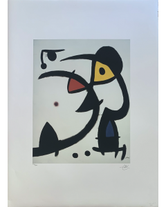 Joan Mirò, Due personaggi perseguitati da un uccello, litografia su carta Arches edizione S.P.A.D.E.M., 56x78 cm