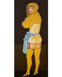 Salvatore Fiume, Modle with yellow tights, screen printing and pastels on canvas, 38x80 cm