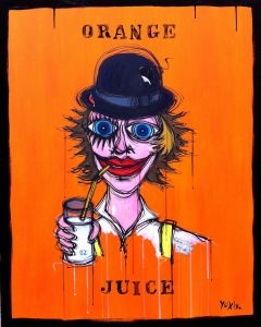 Yux, Orange Juice, acrilico pastelli a cera, smalto e manifesti su tela, 80x100 cm