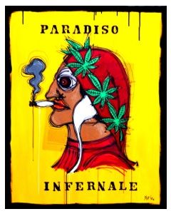 Yux, Paradiso Infernale, acrilico pastelli a cera, smalto e manifesti su tela, 80x100 cm