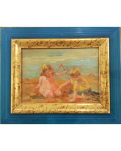 Daniela Penco, Children at the beach, oil on canvas board, 13x18cm (28x23 cm with frame)