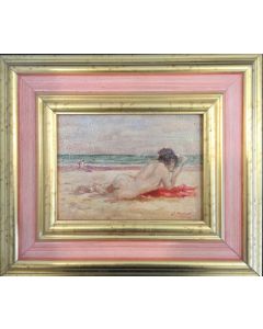 Daniela Penco, In spiaggia,  olio su cartone telato, 13x18cm (27x31,5 cm con cornice)