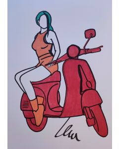 Marco Lodola, Pin up in Vespa rossa, pennarelli su cartoncino, 42x30 cm