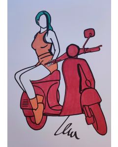 Marco Lodola, Pin up by red Vespa rossa, marker on cardboard, 42x30 cm