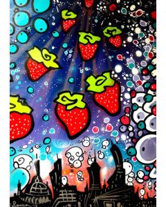 La Pupazza, Rain of strawberries, acrylic and spray on paper, 50x70 cm