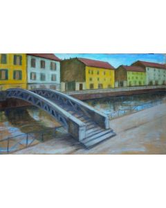 Andrea Ferrari Bordogna, Ponte sul naviglio, olio su tela, 50x80 cm