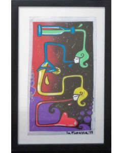 La Pupazza, Magic Bottle, acrylic and spray on paper, 35x19 cm (44,5x28 cm with frame)