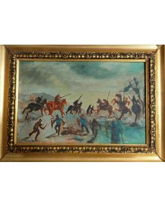 Scuola Espressionista Tedesca, Battaglia, Olio su tavola, 26,5x36,2 cm (con cornice)