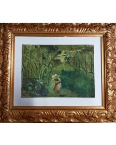 Anonymous, Girl in the Woods, Oil on canvas board, 34.7x40.5 cm (with frame) 