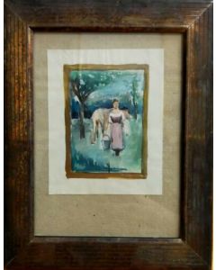 Anonimo, Mungitrice, Acquerello su carta, 23x18,5 cm (con cornice)