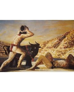 Salvatore Fiume, Eneide, Libro V, Entello vittorioso sacrifica il toro a Erice, litografia, 60x80 cm, 1989/90