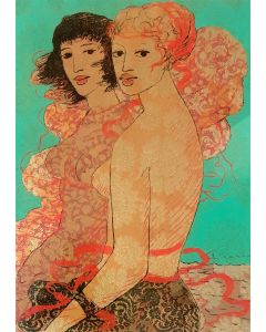 Salvatore Fiume, Due donne, serigrafia su broccato, 50x70 cm