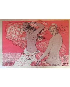 Salvatore Fiume,Two girls, screen printing on gold paper , 70x50 cm