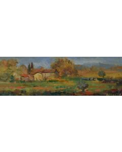 Antonio Sbrana, Tuscan landscape, oil on wood, 60x19,5 cm 