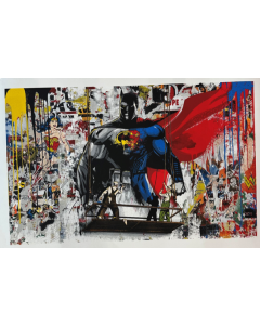 Mr. Brainwash, Batman vs Superman, serigrafia su carta invecchiata tagliata ad acqua, 94x62 cm, 2016