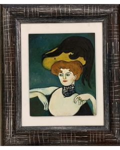 French school, Dame in Toulouse-Lautrec style, oil on wood, 18x23 cm (35x41 cm with frame)