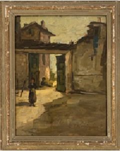 Scuola macchiaiola, Cascina, olio su tavola, 38,5x30 cm (39x48 cm con cornice), 1952