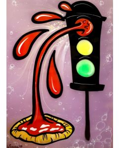 La Pupazza, Traffic light pizza, acrylic and spray on wood, 70x100 cm