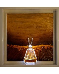 Andrea Morreale, Mental Room with Parquet, oil on wood, crystal, 2 dl of Brandy Miguel Torres 20 hors d'age, LED light  with sound control, 63x63x15 cm