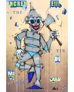 Yux, The Tin Man, acrilico, pastelli a cera e manifesti su ecopelle ramata, 100x150 cm
