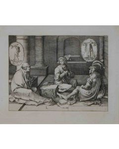 Lucas Van Leyden, Joseph interprets the dreams in prison, etching, 17x20 cm 