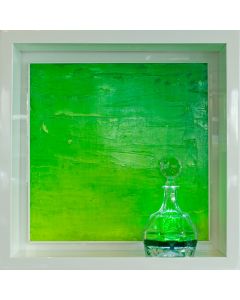 Andrea Morreale, Green Basil (well watered), oil on wood, crystal, 2 dl of Creme de Menthe,LED light  with sound control, 63x63x15 cm