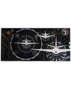 Simona Della Bella, Viaggio nel tempo, tecnica mista e applicazioni metalliche su tavola, 126x60 cm 