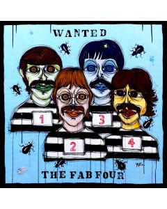 Yux, Wanted the Fab Four, acrilico pastelli a cera, smalto e manifesti su tela, 100x100 cm