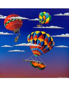 Meloniski da Villacidro, Hot-air baloons in concert, mizex technique in canvas, 70x70cm, 2021