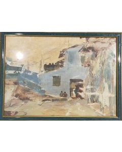 Anonimo, Sulla soglia di casa, acquerello su carta, 27x36,5 cm (con cornice)