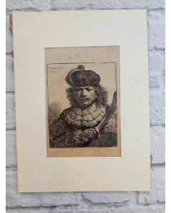 Rembrandt, Autoritratto con sciabola alzata, incisione, 17,5x13,5 cm