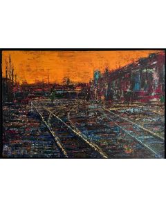 David Tycho, Post Industrial Sunset, Acrilico su tela, 61x91 cm, 2021