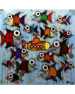 Yux, Yellow & Fishes, acrilico pastelli a cera e manifesti su tela, 100x100 cm