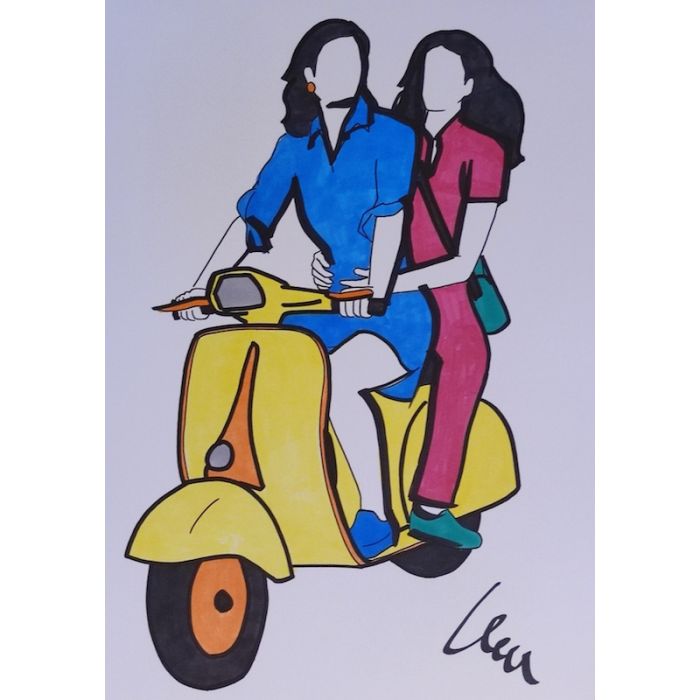 Marco Lodola, Coppia in Vespa, pennarelli su cartoncino, 42x30 cm